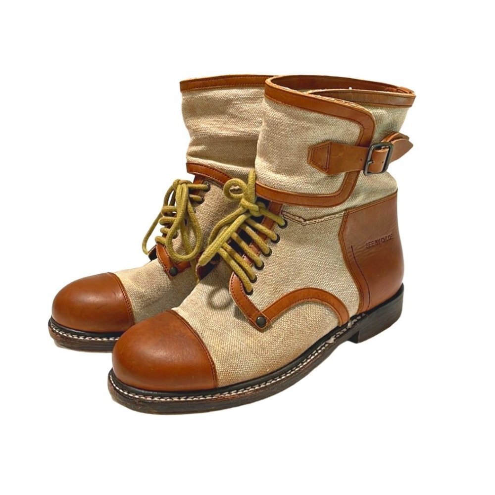 See by Chloe Combat boots leather canvas lace up‎ biker designer size 37.5 EU